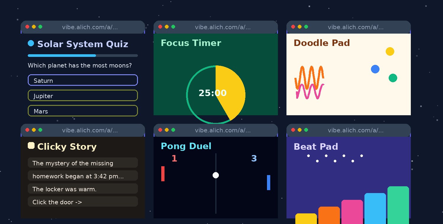 Six colorful student-made app screens: a space quiz, focus timer, doodle pad, interactive story, pong game, and beat pad